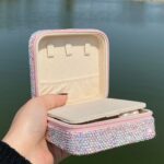 Rhinestone Portable Jewelry Organizer Box with Built-in Mirror Zipper Closure Travel Case for Rings Earrings Bracelets Small Accessories (Pink) - Image 4