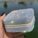 Rhinestone Portable Jewelry Organizer Box with Built-in Mirror Zipper Closure Travel Case for Rings Earrings Bracelets Small Accessories (Pink) - Image 5