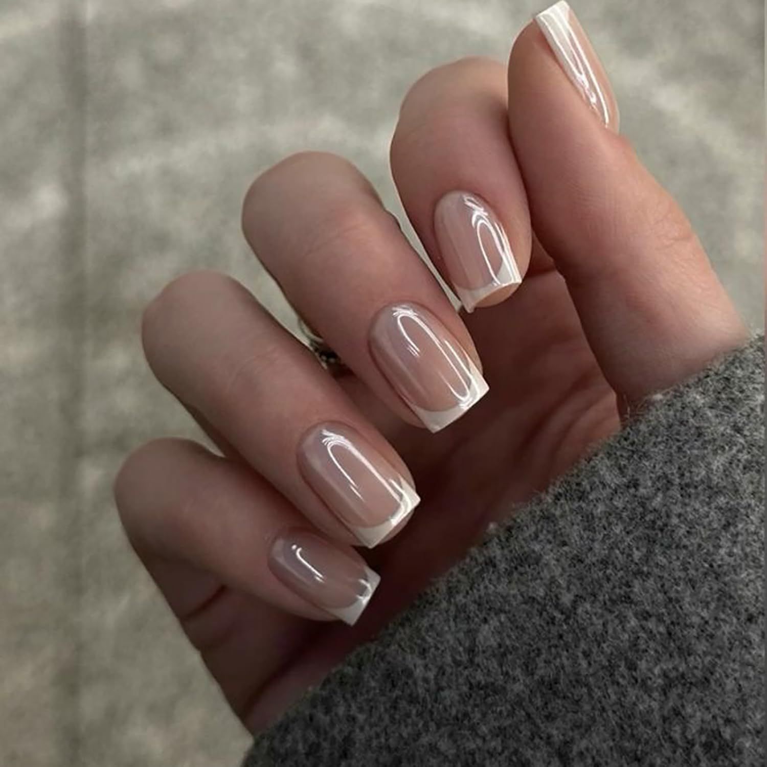 V1402-CS-KMNUUYY-00 Press-on Nails for Daily Wear, Events, & DIY Manicures, Reusable & Easy to Apply At Home (Nude pink and metallic silver-white) - Image 1