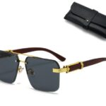 Square Rimless Diamond Cut Sunglasses with Black PU Leather Storage Case - Gold Frame Wood Grain Black Sunscreen Glasses for Men & Women