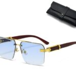 Square Rimless Diamond Cut Sunglasses with Black PU Leather Storage Case - Gold Frame Wood Grain Blue Sunscreen Glasses for Men & Women