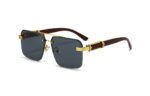 Square Rimless Diamond Cut Sunglasses with Black PU Leather Storage Case - Gold Frame Wood Grain Blue Sunscreen Glasses for Men & Women - Image 2