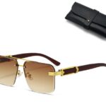 Square Rimless Diamond Cut Sunglasses with Black PU Leather Storage Case - Gold Frame Wood Grain Tea Sunscreen Glasses for Men & Women