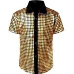 XL size Men's 70s Disco Costume Set - Gold Plaid shirt with Black Bell Bottom Pants & Accessories, Retro Polyester Dance Outfit for Parties and Halloween - Image 2