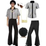 XL size Men's 70s Disco Costume Set - Silvery Plaid shirt with Black Bell Bottom Pants & Accessories, Retro Polyester Dance Outfit for Parties and Halloween