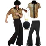 XXL size Men's 70s Disco Costume Set - Gold Plaid shirt with Black Bell Bottom Pants & Accessories, Retro Polyester Dance Outfit for Parties and Halloween