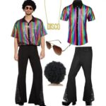 XXL size Men's 70s Disco Costume Set - Colorful Plaid shirt with Black Bell Bottom Pants & Accessories, Retro Polyester Dance Outfit for Parties and Halloween