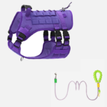 Tactical Dog Harness and Leash Set - L size Purple Oxford No Pull Vest and Purple 1.85m Hands Free Nylon Lead - Adjustable Walking Gear for Medium Dogs