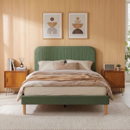 Artiss Double Bed Frame, Green Fabric, Padded Headboard, 300kg Capacity