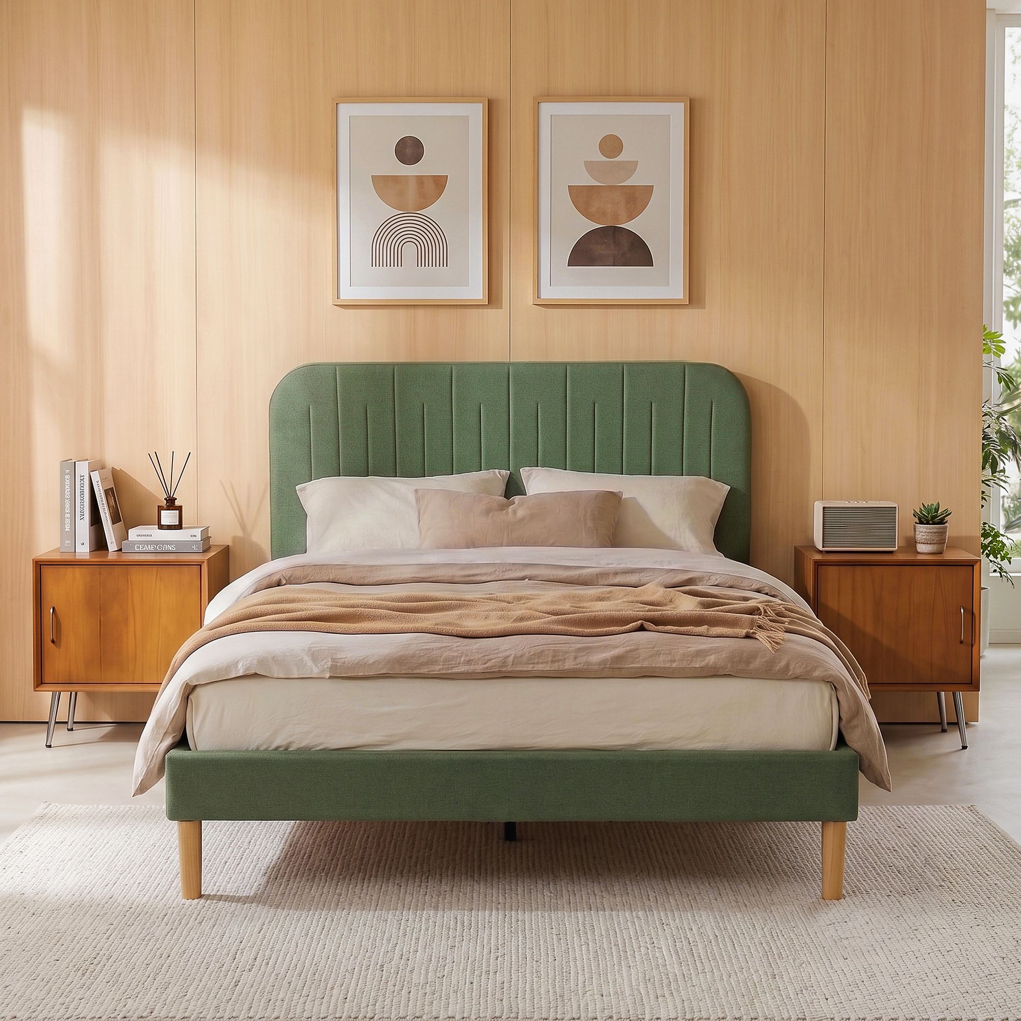 BFRAME-G-SAGE-D-GN-AB-00 Artiss Double Bed Frame, Green Fabric, Padded Headboard, 300kg Capacity - Image 1