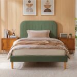 Artiss King Single Bed Frame, Green Faux Linen with Wooden Slats