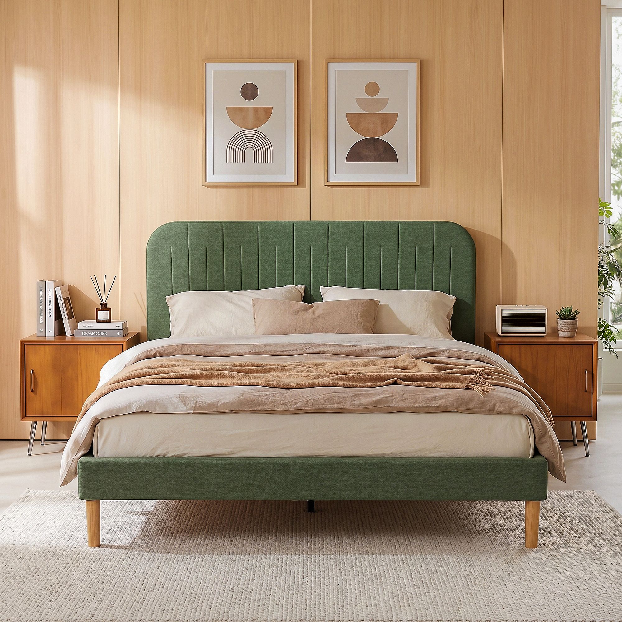 BFRAME-G-SAGE-Q-GN-AB-00 Artiss Queen Bed Frame, Green Fabric, Padded Headboard, 300kg Capacity - Image 1