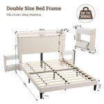 Artiss Double Bed Frame with USB Charging and Side Storage Shelves Beige - Image 3