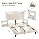 Artiss Queen Bed Frame with USB Charging and Side Storage Shelves Beige - Image 3