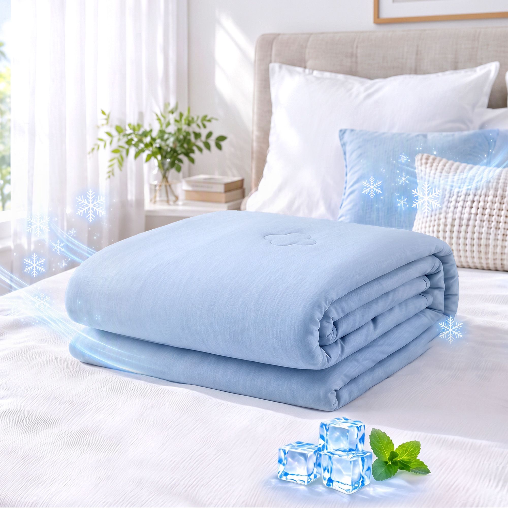 CBK-130X170-BU-00 Giselle Cooling Blanket 130cm x 170cm Double Sided Summer Throw Lightweight Blue - Image 1