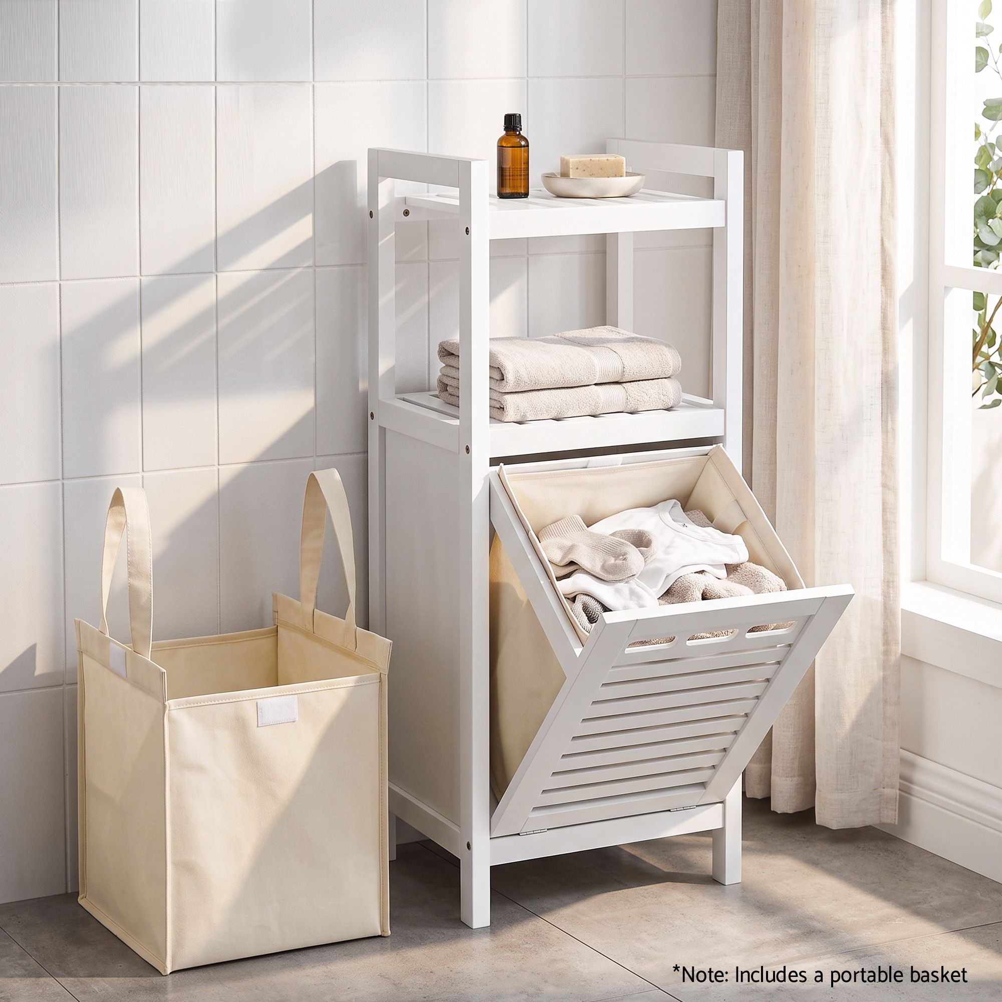 FUR-S-BATH-LV100-BAG-WH-00 Artiss Bathroom Storage Cabinet Tilt Out Laundry Hamper Tall Organiser White - Image 1
