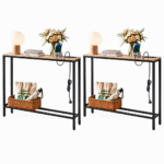 Artiss Set of 2 Narrow Sofa Console Tables with Charging Station, Wood - Image 3