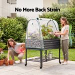 Green Fingers Mobile Raised Garden Bed with Greenhouse Cover Storage Shelf for Tomato Vegetables Herb Charcoal - Image 3