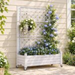 Green Fingers Mobile Planter Box with Trellis, Self Watering Garden Bed & Privacy Screen for Climbing Plants Flowers, White