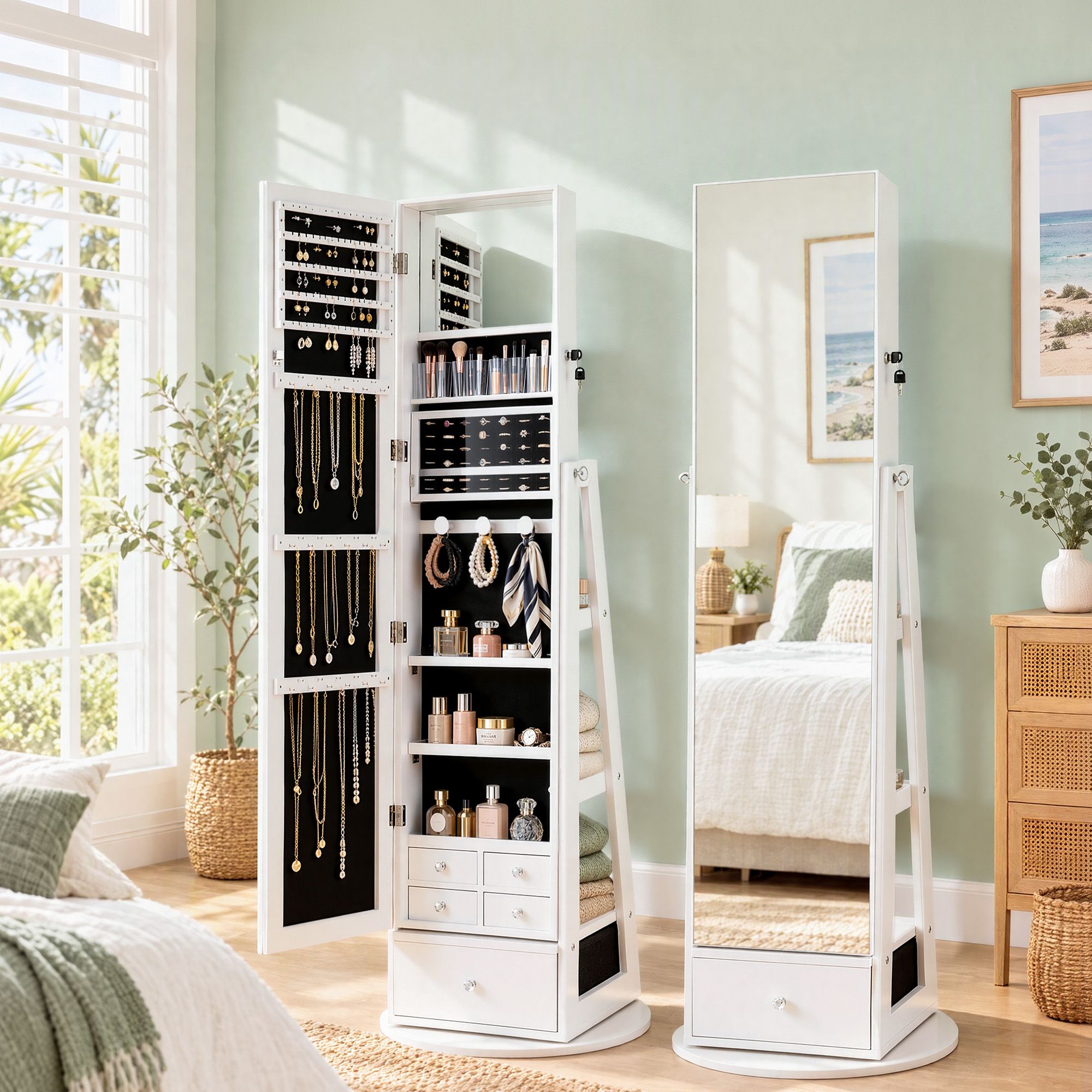 JC-B-ROT02-164-WH-00 Artiss 360° Rotating Jewelry Cabinet Full Length Mirror, White - Image 1