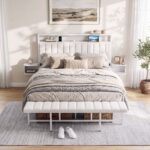 Artiss Queen Metal Bed Frame Boucle Headboard Charging Station Side Table White