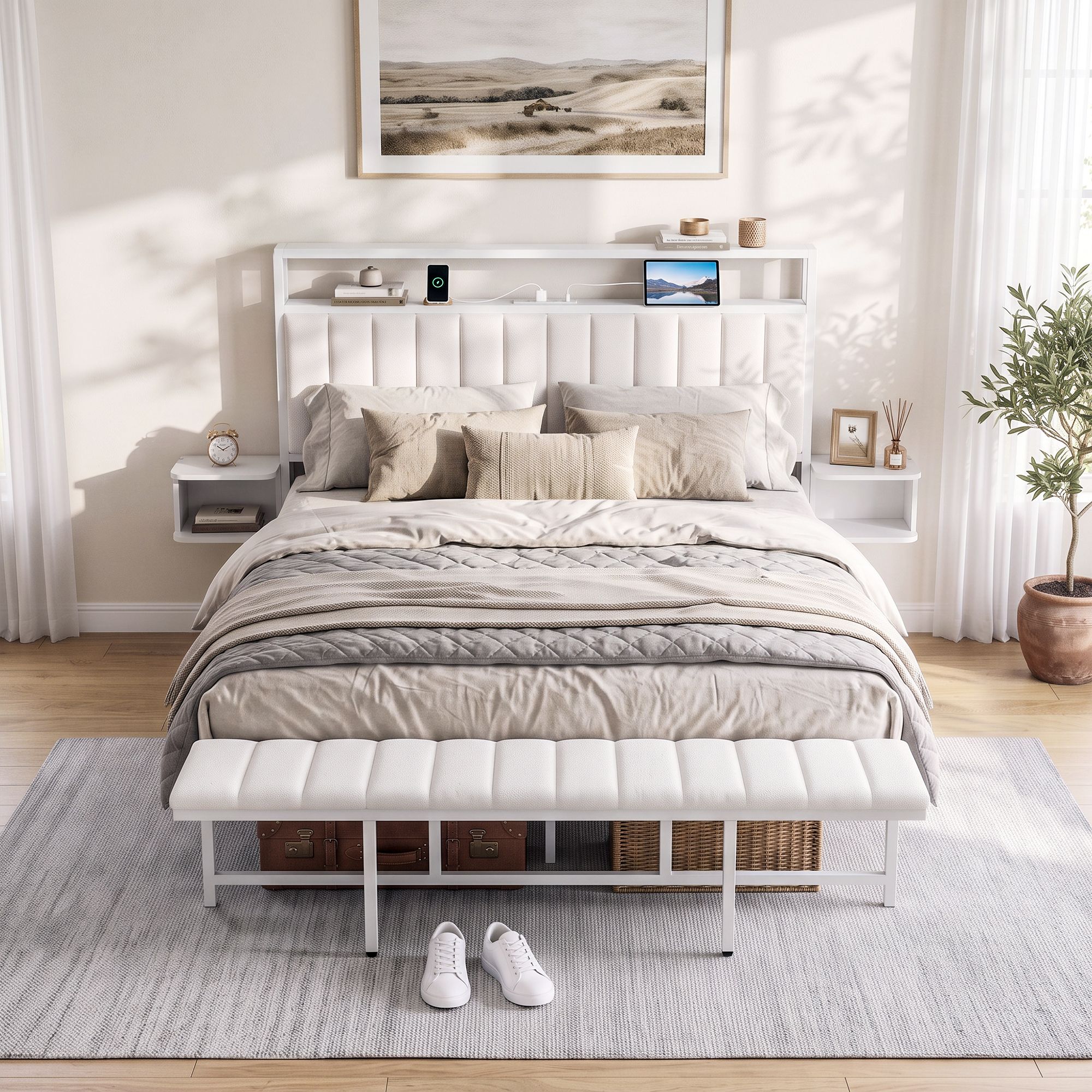 MBED-C-FAY-Q-WH-AB-00 Artiss Queen Metal Bed Frame Boucle Headboard Charging Station Side Table White - Image 1