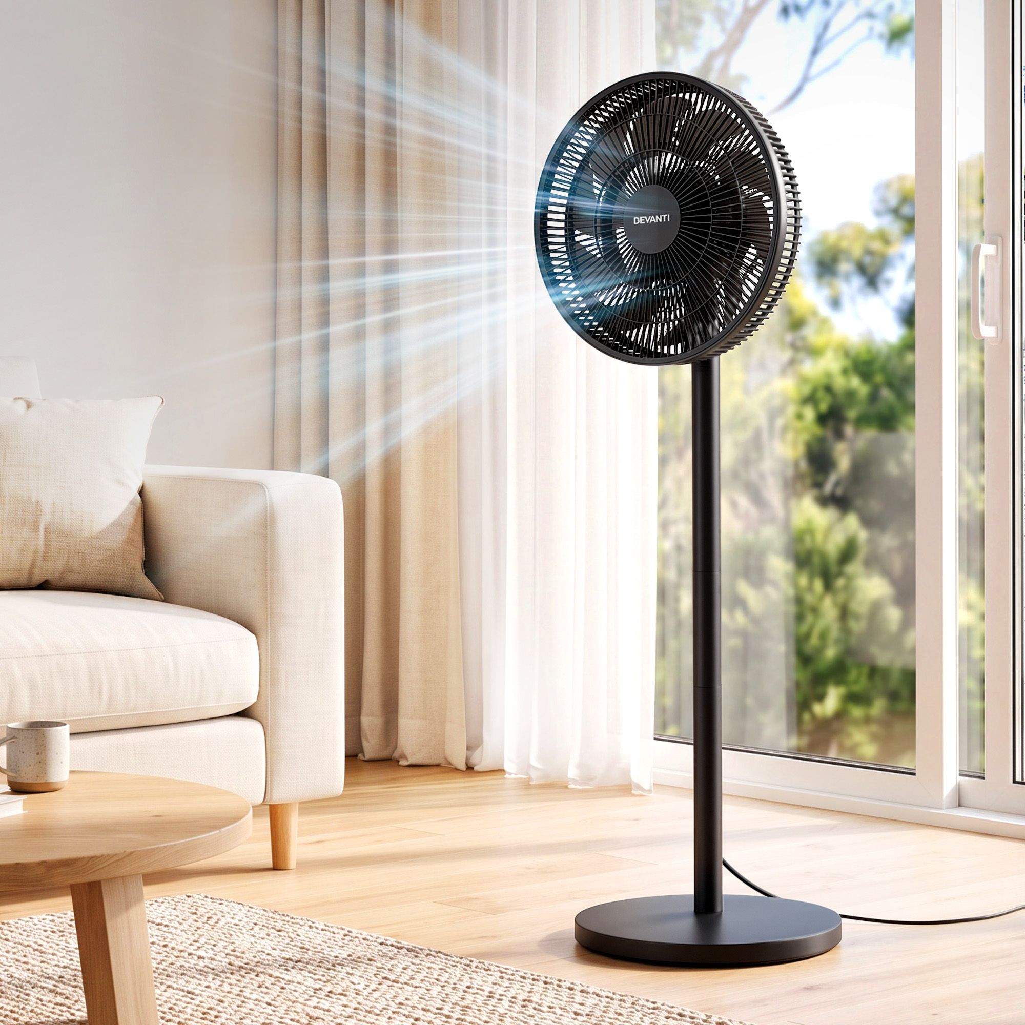 PF-RC-361Y-BK-00 Devanti Pedestal Fan with Remote, 7 Speeds 3 Heights DC Motor, Black - Image 1