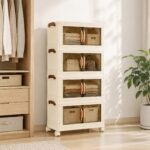 Artiss 4-Tier Foldable Storage Cabinet Stackable Box Clear Magnetic Door White