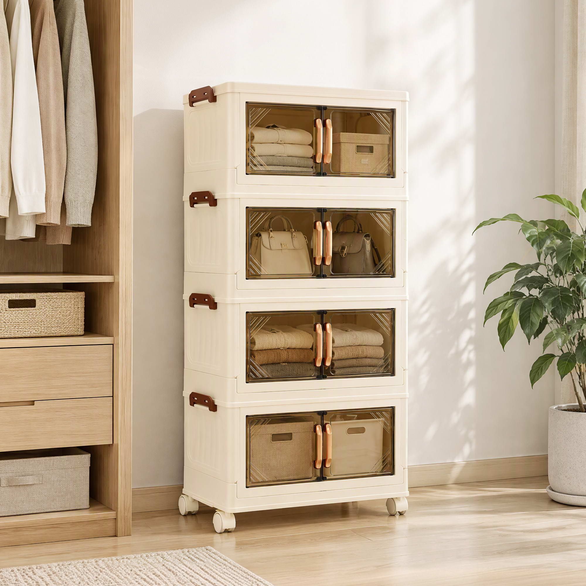 SC-4T-4527-WH-00 Artiss 4-Tier Foldable Storage Cabinet Stackable Box Clear Magnetic Door White - Image 1