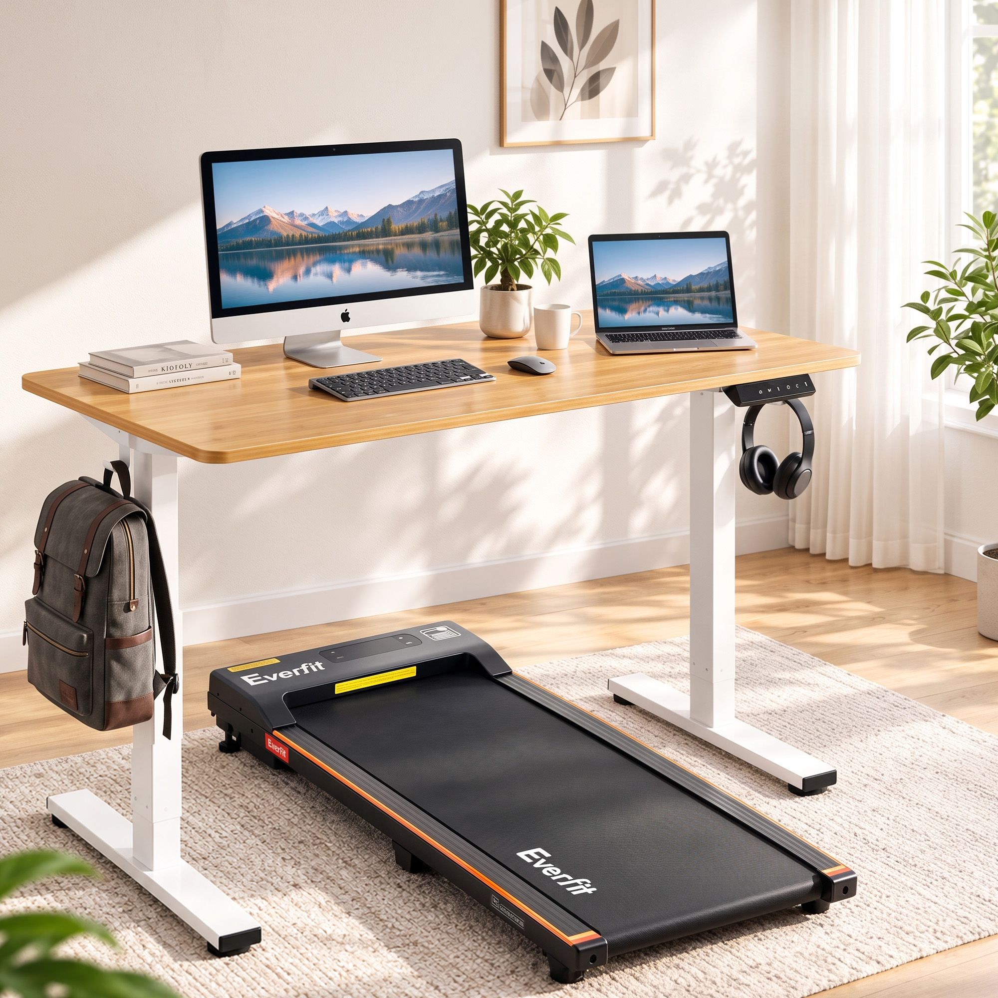 SDTM-156E-100-380-WDBK-00 Artiss 100cm Standing Desk Treadmill Motorised Natural Wood - Image 1