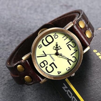 Ladies Unisex Vintage Large Arabic Markers Multi Layers Leather Wrap Cuff Bracelet Wrist Watch for Christmas