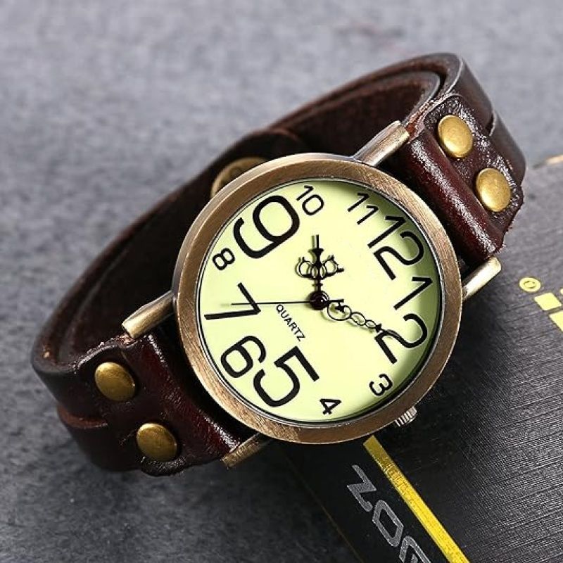 V1102-WLY-43-00 Ladies Unisex Vintage Large Arabic Markers Multi Layers Leather Wrap Cuff Bracelet Wrist Watch for Christmas - Image 1
