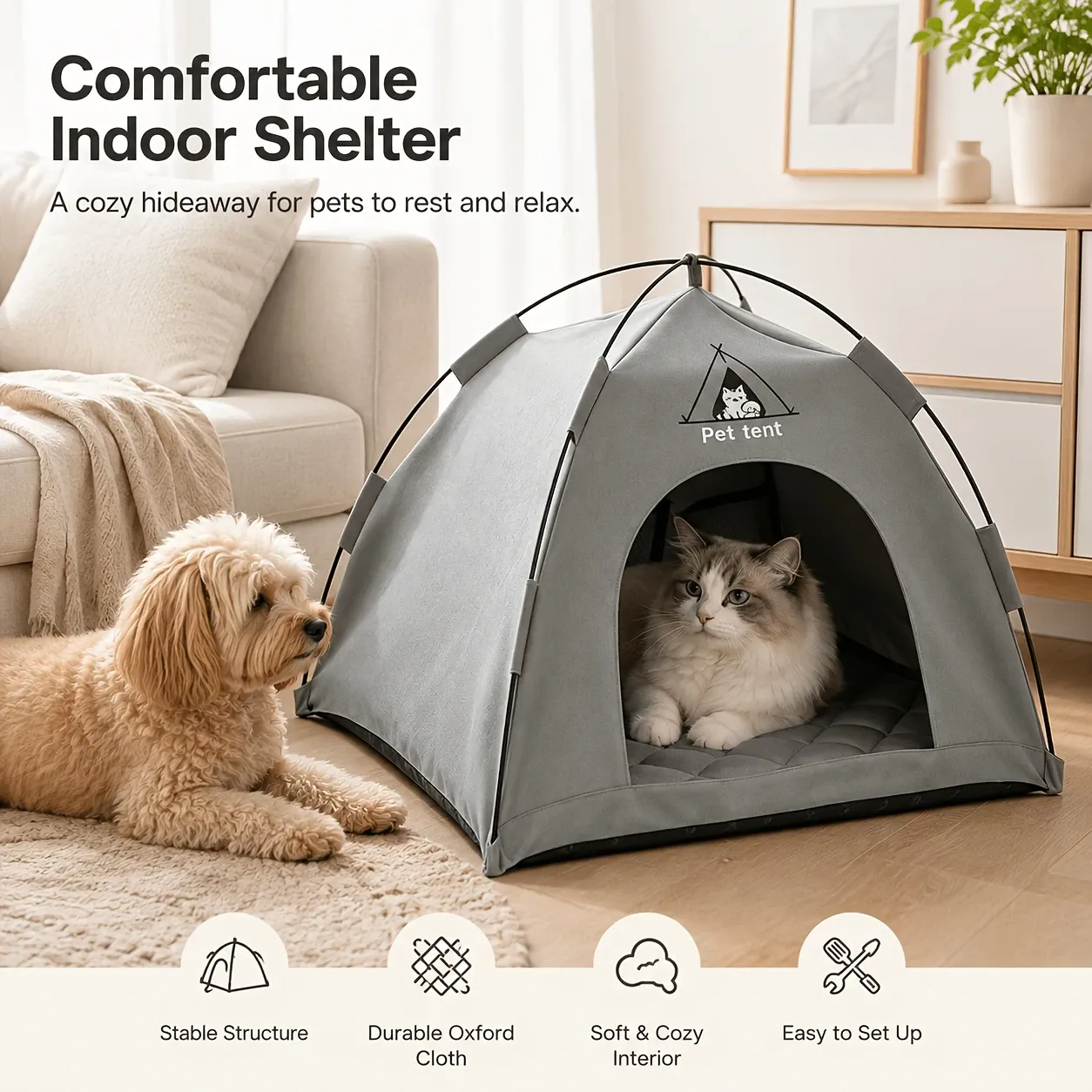 V1232-CWZP-008-00 【Portable Foldable Pet Tent】Made of wear-resistant & water-resistant Oxford cloth with thickened quilted mat and sturdy frame. Ideal for indoor & outdoor use, a cozy private den for cats and small dogs.(grey.L) - Image 1
