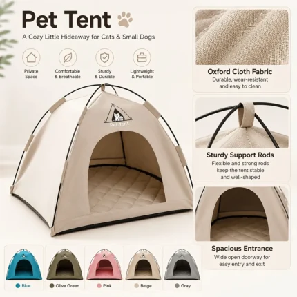 【Portable Foldable Pet Tent】Made of wear-resistant & water-resistant Oxford cloth with thickened quilted mat and sturdy frame. Ideal for indoor & outdoor use, a cozy private den for cats and small dogs.（beige.L)