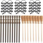 12 Pcs Halloween Party Supplies Kit, Black Round Frame Glasses No Lenses, Wizard Wand Pencils and Broom Pens for Cosplay Birthday Party Decorations