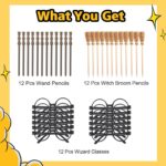 12 Pcs Halloween Party Supplies Kit, Black Round Frame Glasses No Lenses, Wizard Wand Pencils and Broom Pens for Cosplay Birthday Party Decorations - Image 3