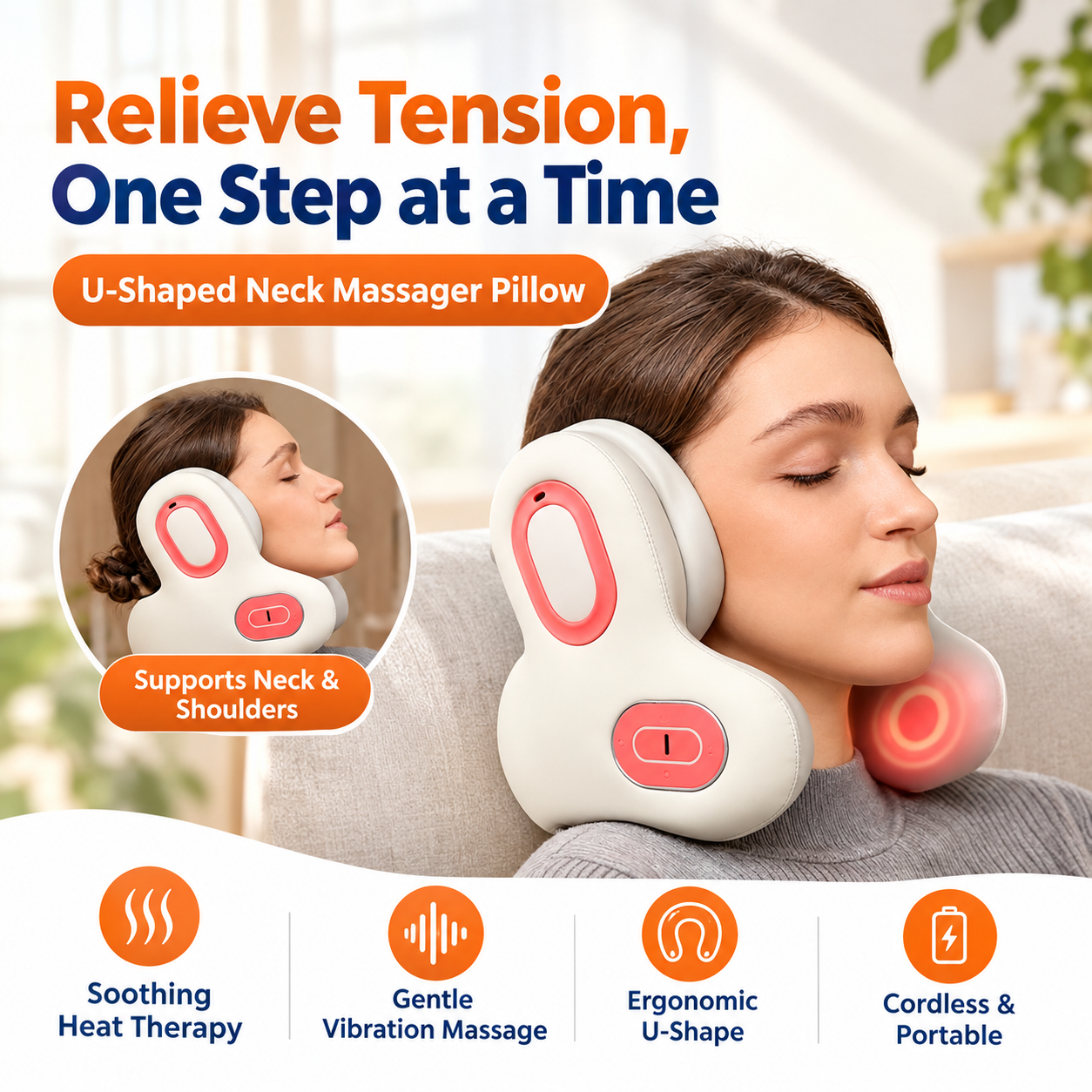V1341-ZY-8U9WRSNG-WHITE-00 Multifunctional U-Shaped Neck Pillow Massager with Heat Red Light Therapy ANC Noise Cancellation Bluetooth Audio and Hands-Free Calling for Home Office and Travel Relaxation (White) - Image 1