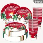 Snowman tableware and candlelit Christmas tree, accompanied by golden roast turkey with fresh fruits and desserts. Capture this warm winter reunion with full festive ritual.（red）
